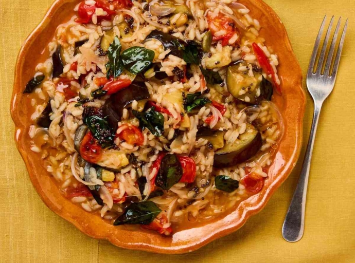 Meera Sodha’s vegan recipe for spiced aubergine and tomato rice